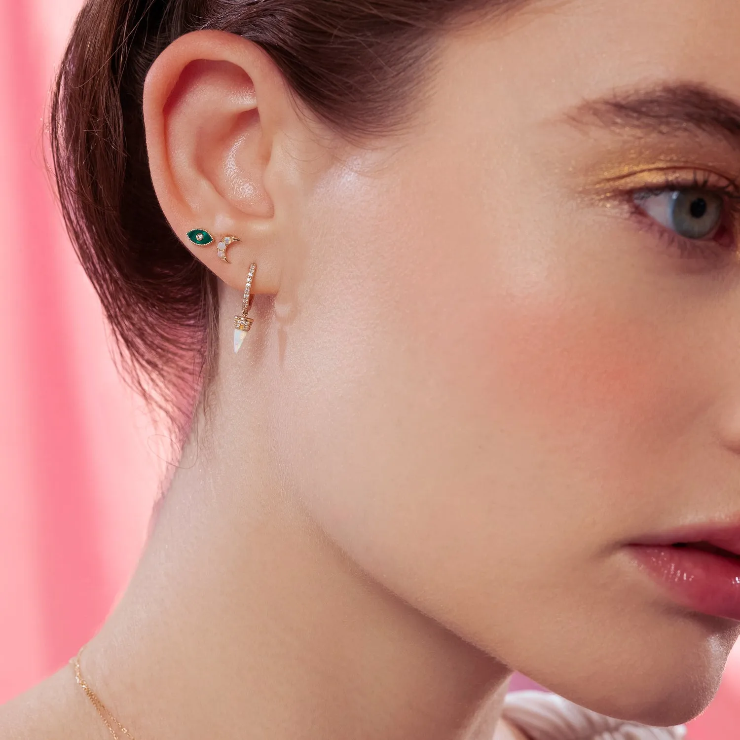 14K Solid Gold Opal Bullet Diamond Hoop Earrings