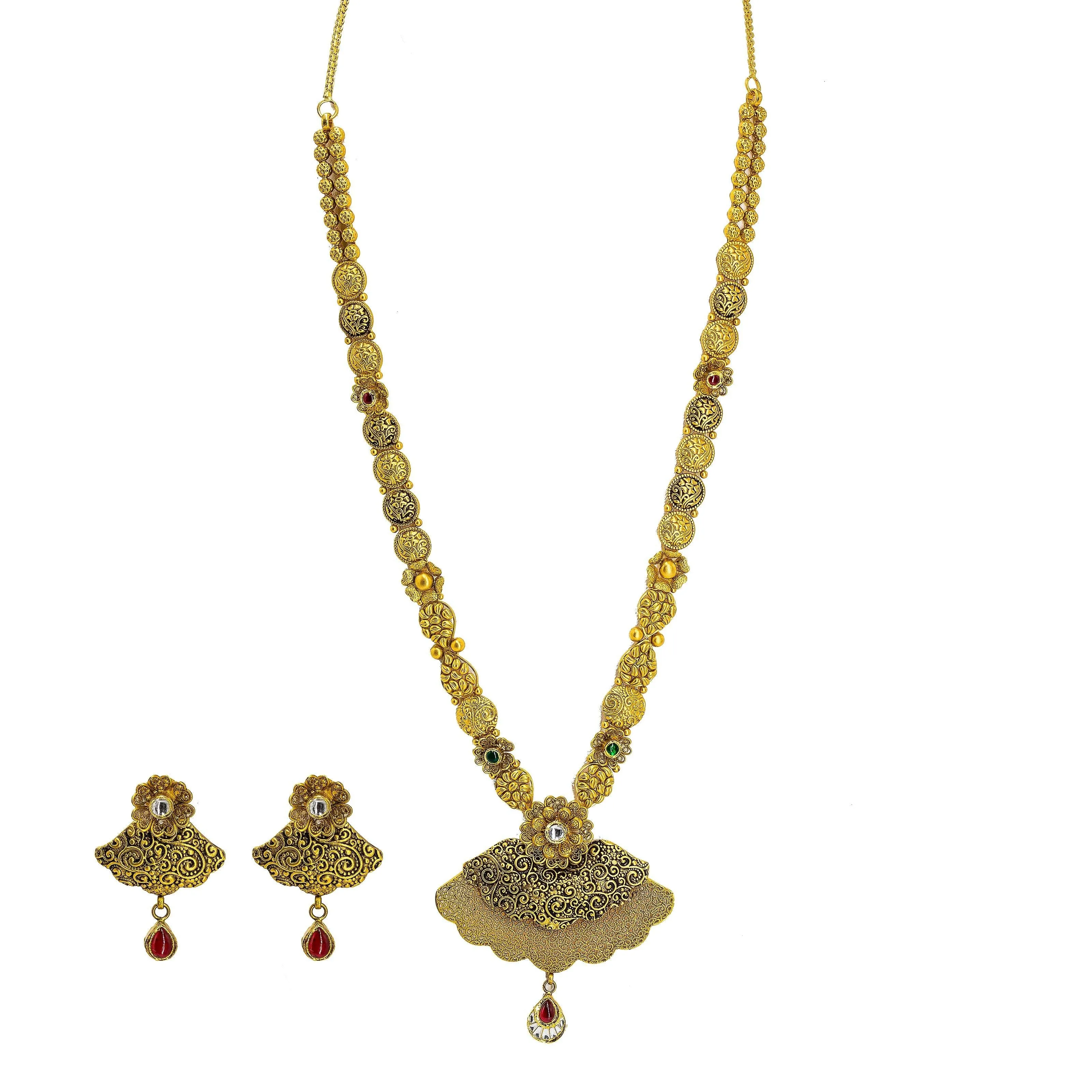 22K Yellow Gold Necklace & Earrings Set W/ Ruby, Emerald, CZ & Large Fan Pendants