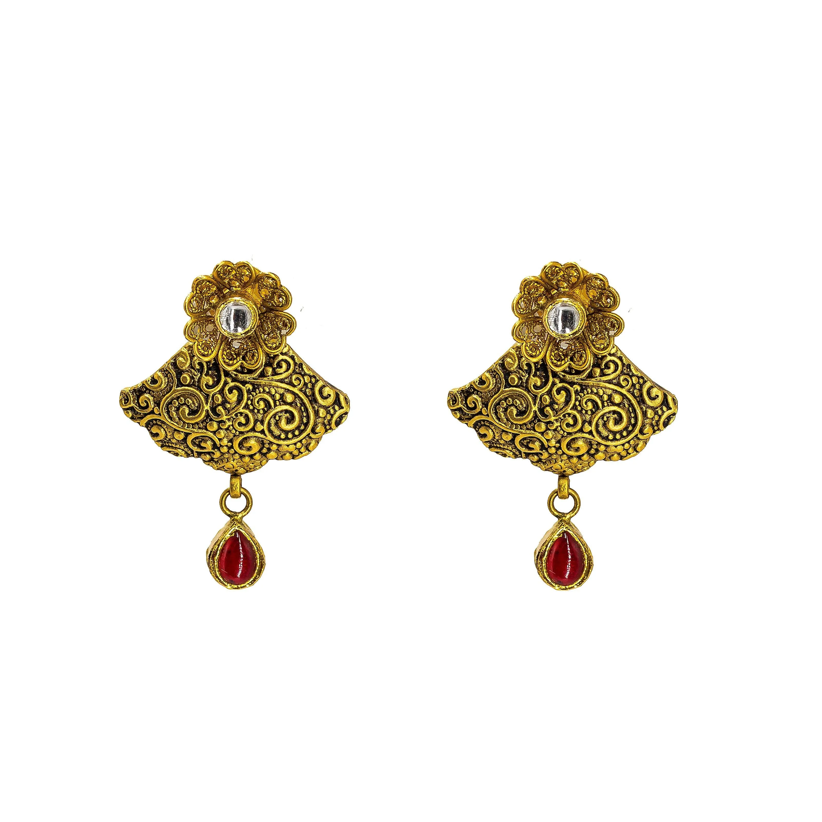 22K Yellow Gold Necklace & Earrings Set W/ Ruby, Emerald, CZ & Large Fan Pendants