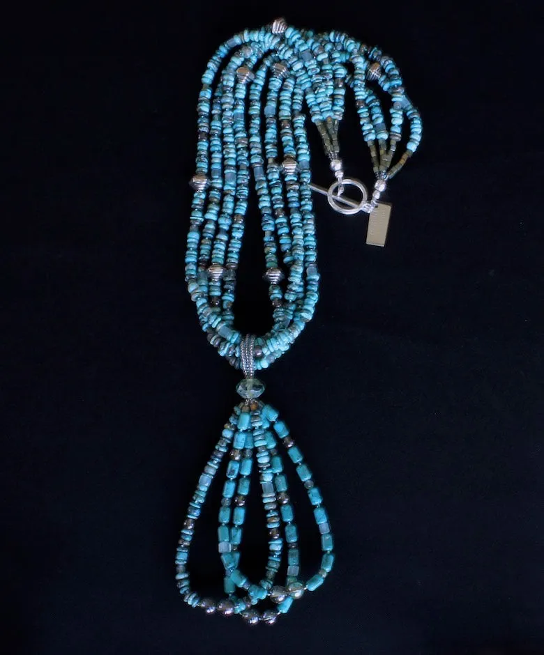 Blue Turquoise Rondelle Bead 4-Strand Necklace with 3-Loop Turquoise Barrel & Rondelle Bead Jacla, Hill Tribe Silver Spiral Bicones, Czech Glass Rounds & Cubes, and a Hammered Sterling Silver Toggle Clasp