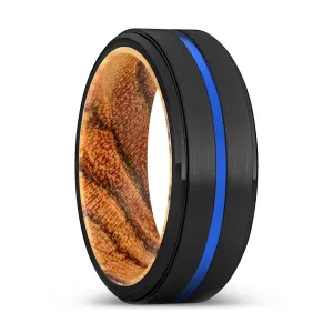 BURST | Bocote Wood, Black Tungsten Ring, Blue Groove, Stepped Edge
