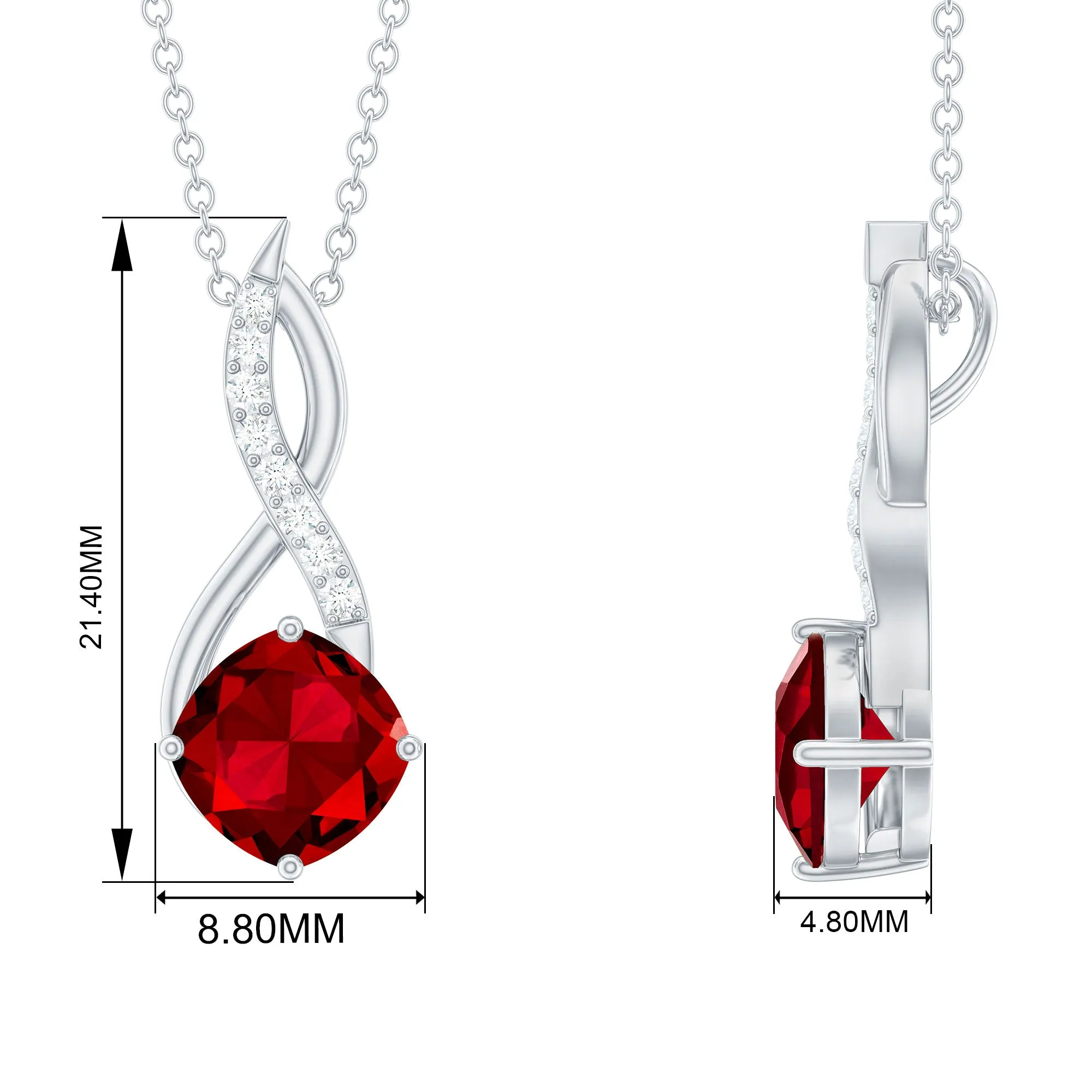 Cushion Cut Created Ruby Solitaire Infinity Pendant with Diamond