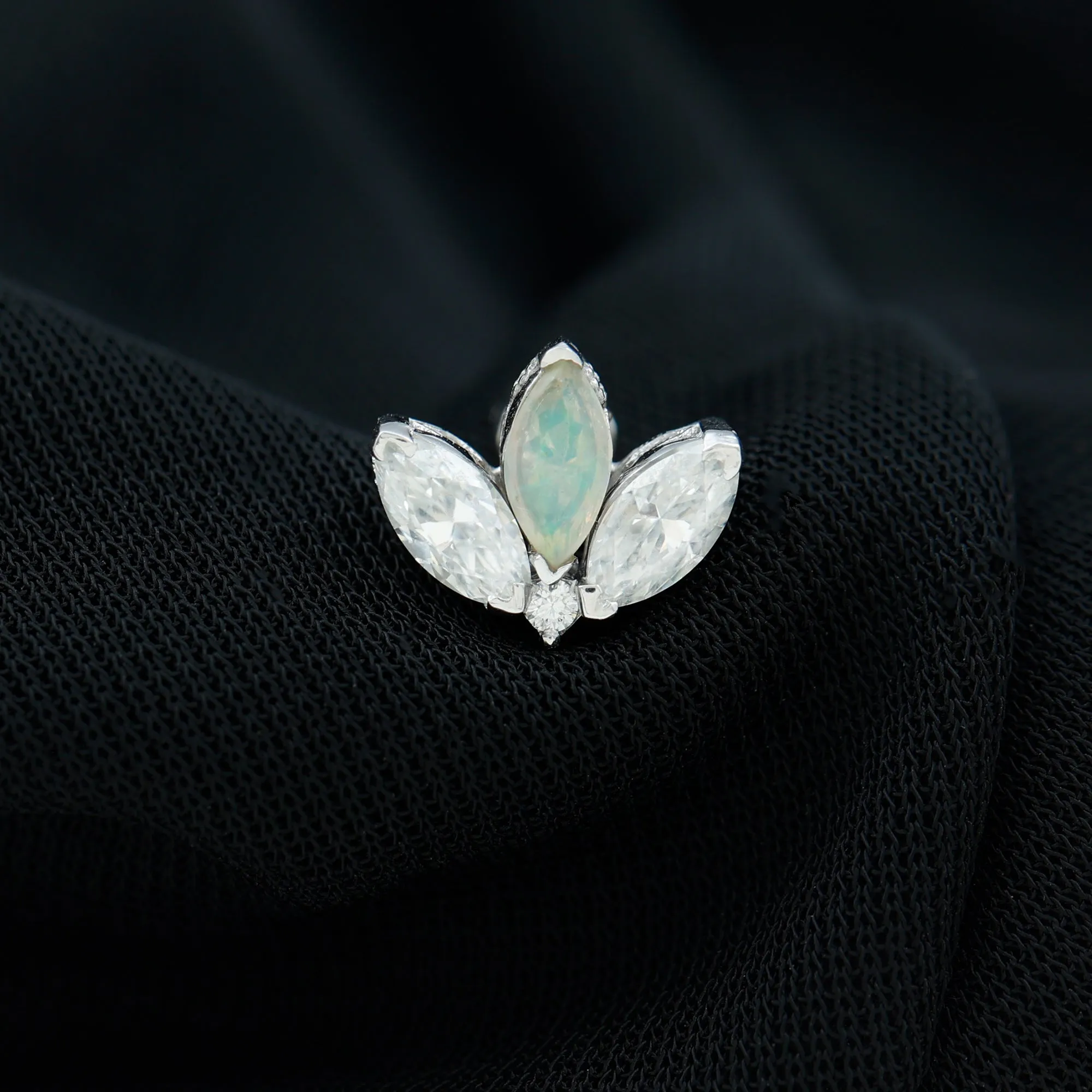 Ethiopian Opal and Moissanite Lotus Flower Earring for Helix Piercing