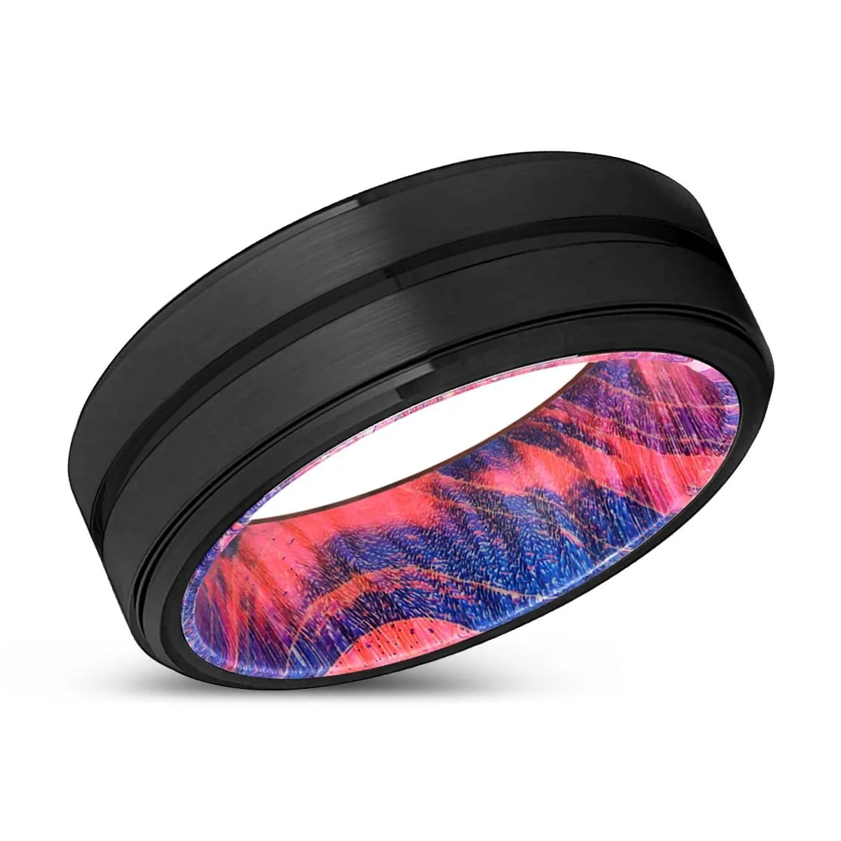 FRANKY | Blue & Red Wood, Black Tungsten Ring, Grooved, Stepped Edge