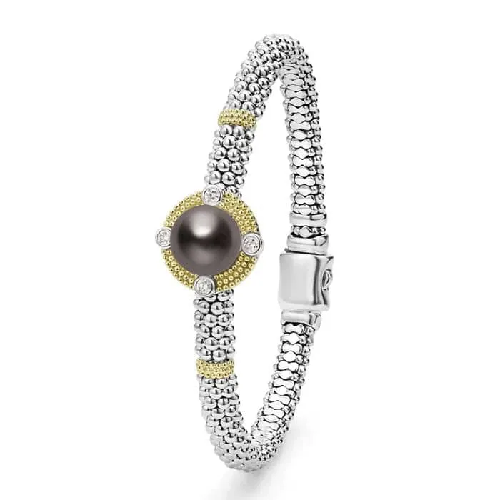 LAGOS Tahitian Black Pearl and Diamond Bracelet in Sterling SIlver and 18K Yellow Gold