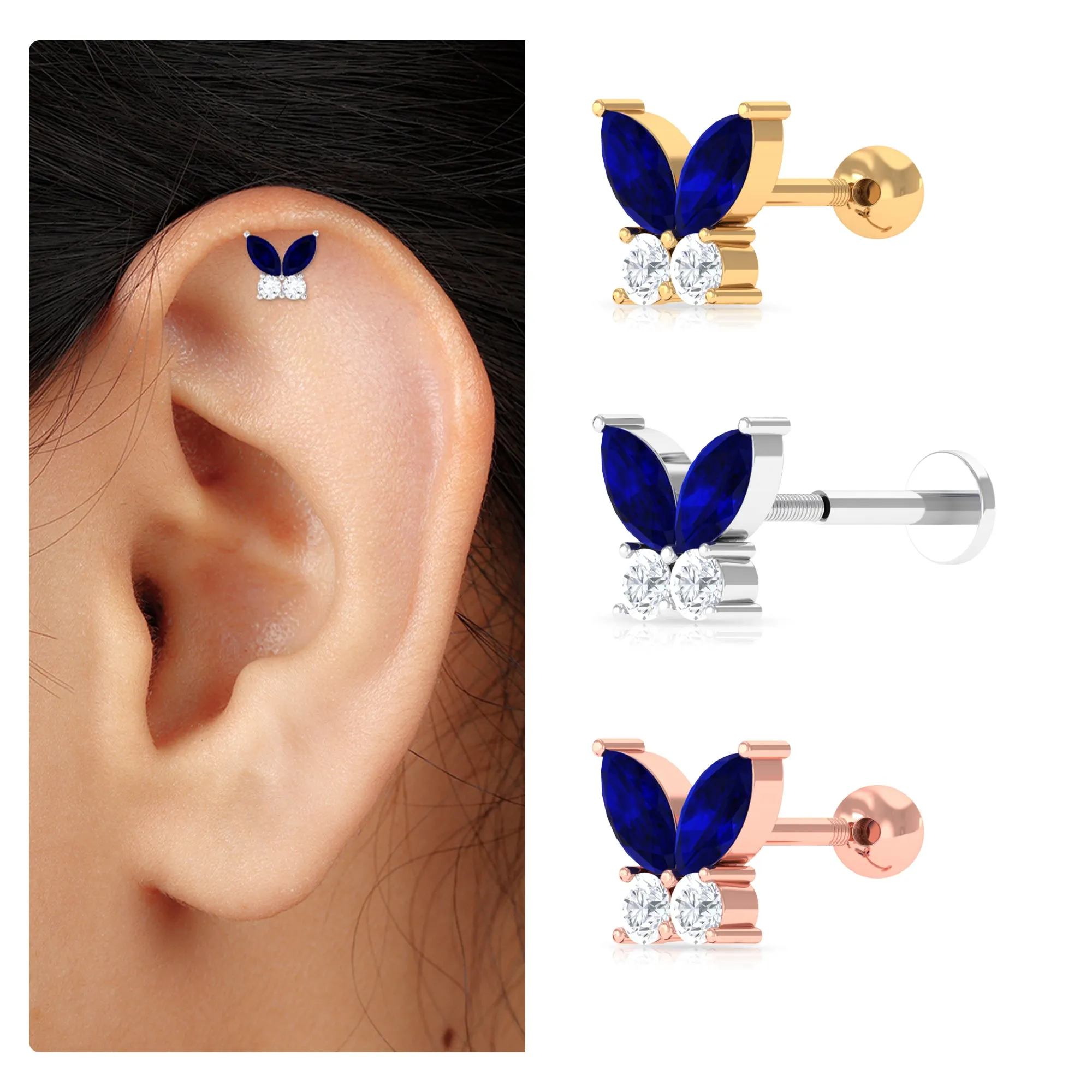Marquise Blue Sapphire Butterfly Helix Earring with Moissanite