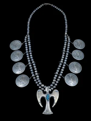 Native American Jewelry Turquoise Thunderbird Squash Style Necklace