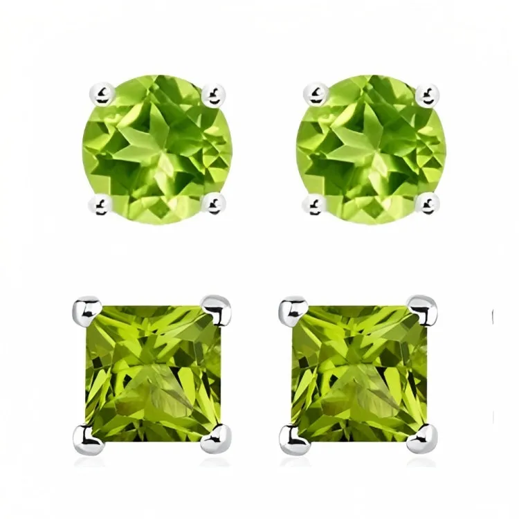 Paris Jewelry 18k White Gold 2 Pair Created Peridot 4mm Round & Princess Cut Stud Earrings Plated