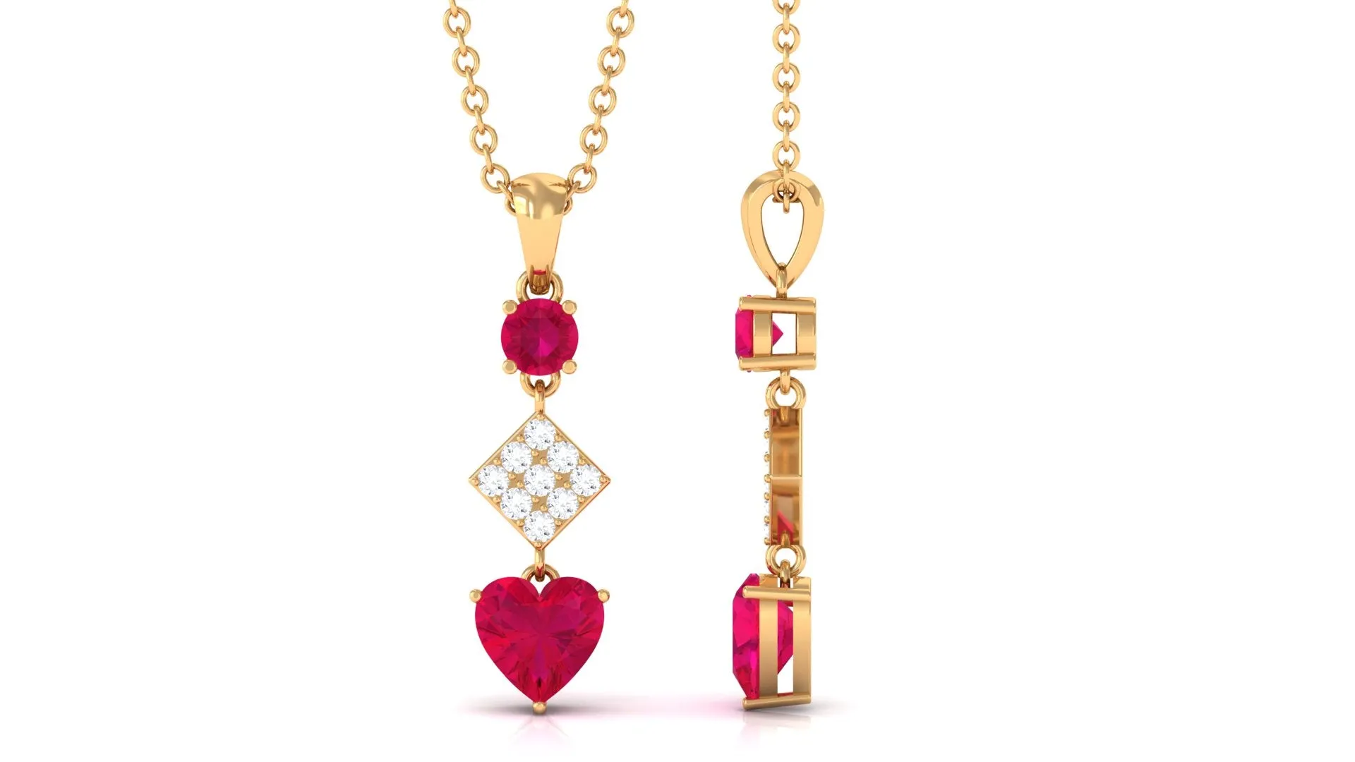 Round and Heart Shape Ruby Dangle Pendant with Diamond