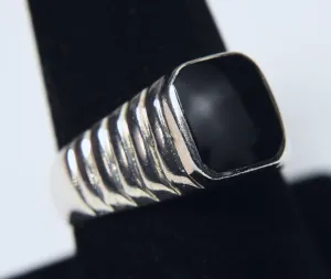 Vintage Tiered Art Deco Design Sterling Silver Black Onyx Signet Ring - Size 8.75